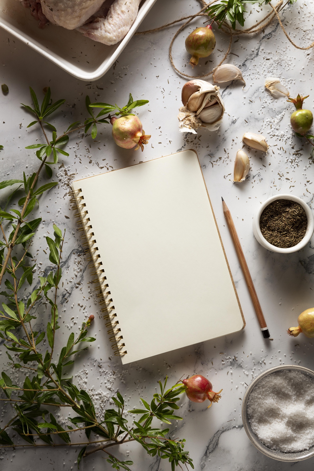 Cozy kitchen studio with cookbook and herbs