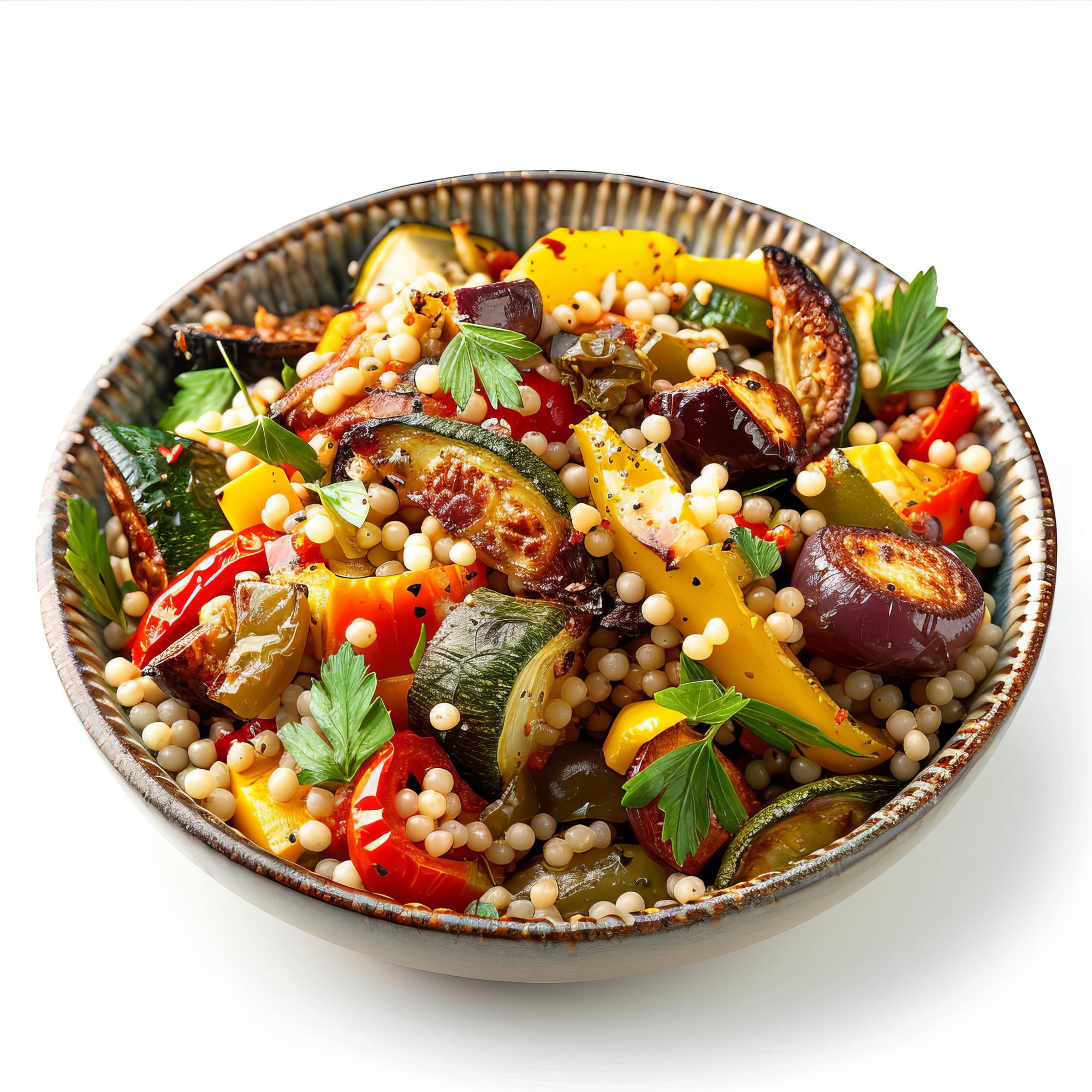 Bright bowl with roasted vegetables and grains